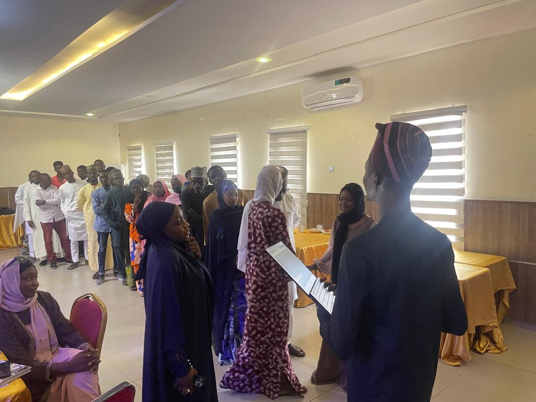 Participants taking part in an interactive group exercise during the Training of Trainers on youth leadership in emergencies at Rod Bola Suite, Maiduguri